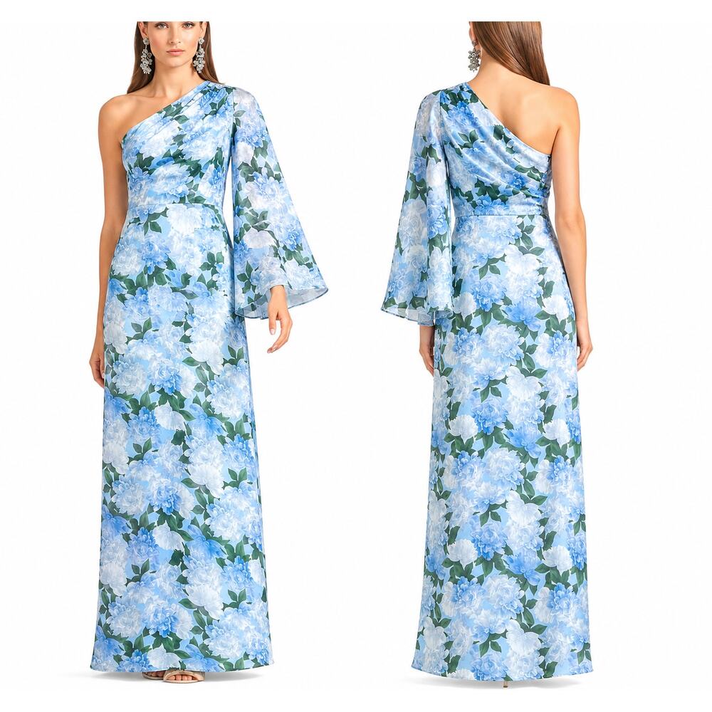 Sachin & Babi NWT Keely Maxi One Shoulder Gown Glacial Peonie Size 0 Blue Floral